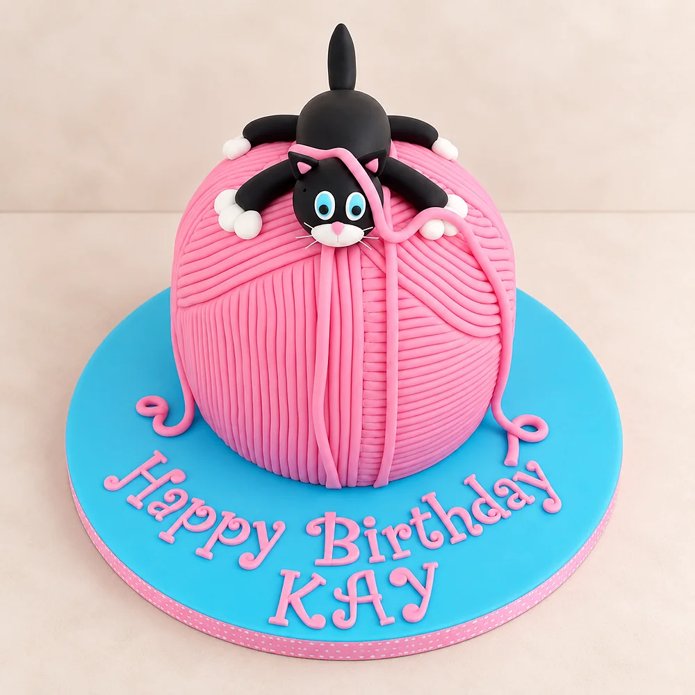 Pink yarn ball cake with a black cat topper