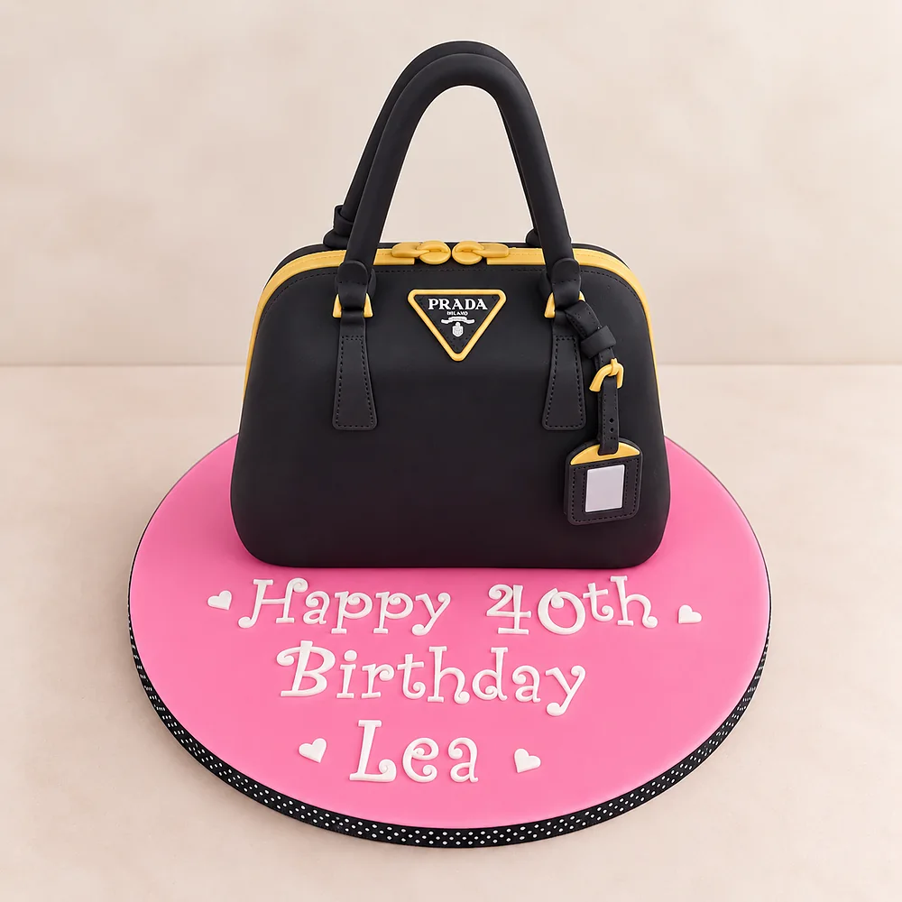 Black Prada handbag cake with yellow trim