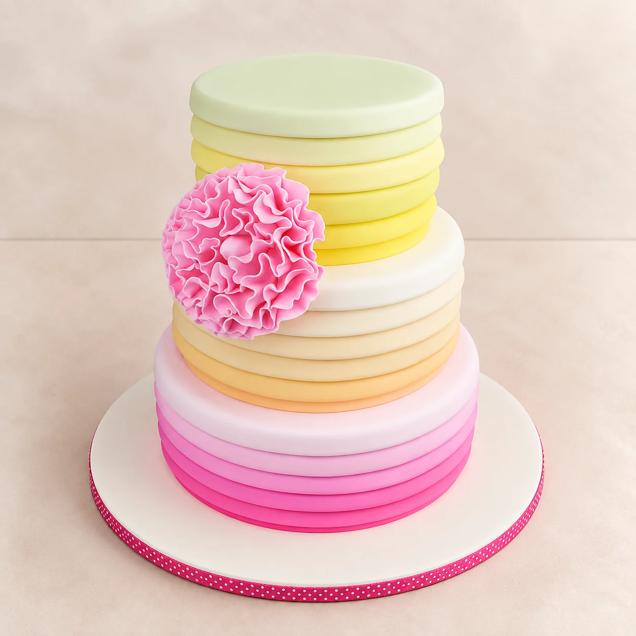 Three-tier pastel ruffle cake with a large sugar flower