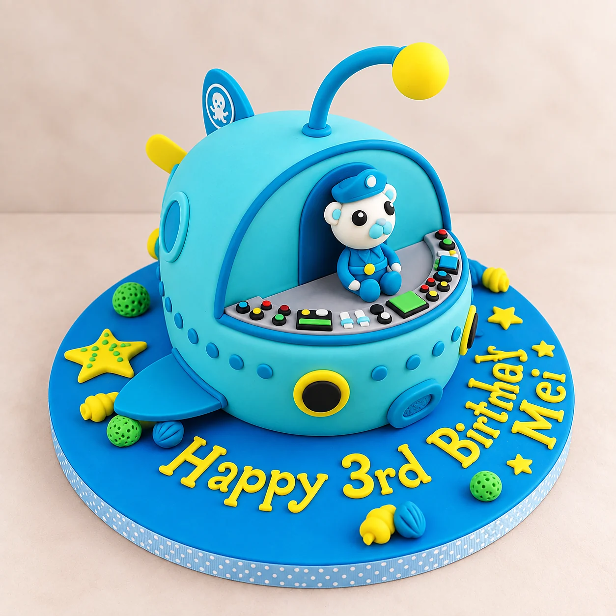 Blue Octonauts submarine themed birthday cake