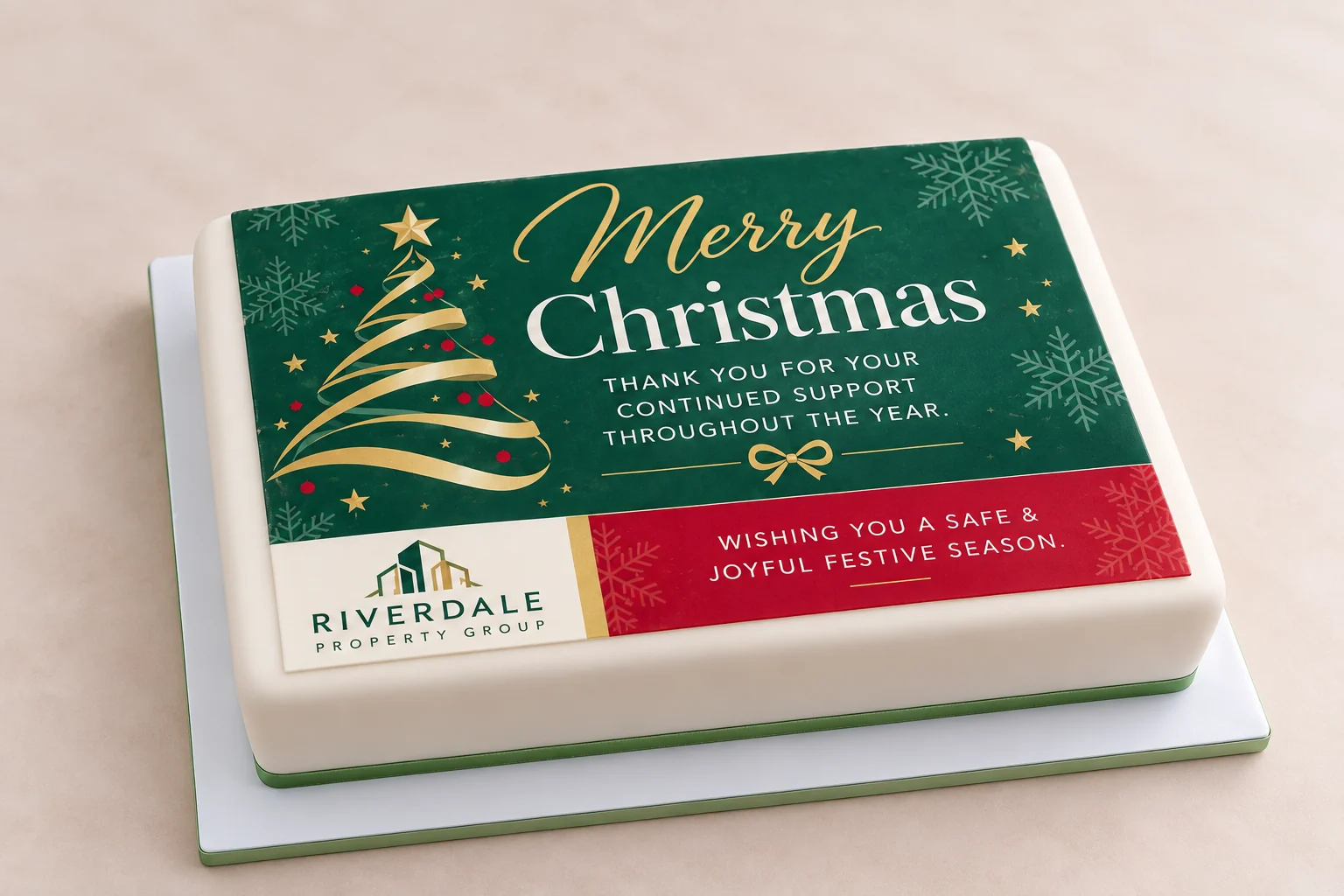 Branded corporate Christmas cake with a green, red and gold festive design