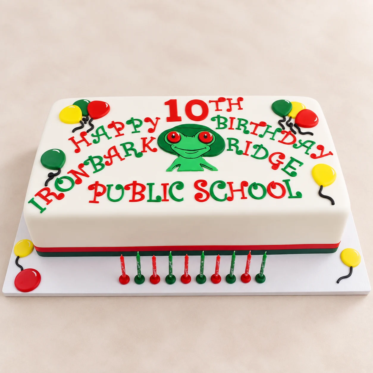 Rectangular Ironbark Ridge Public School 10th birthday cake