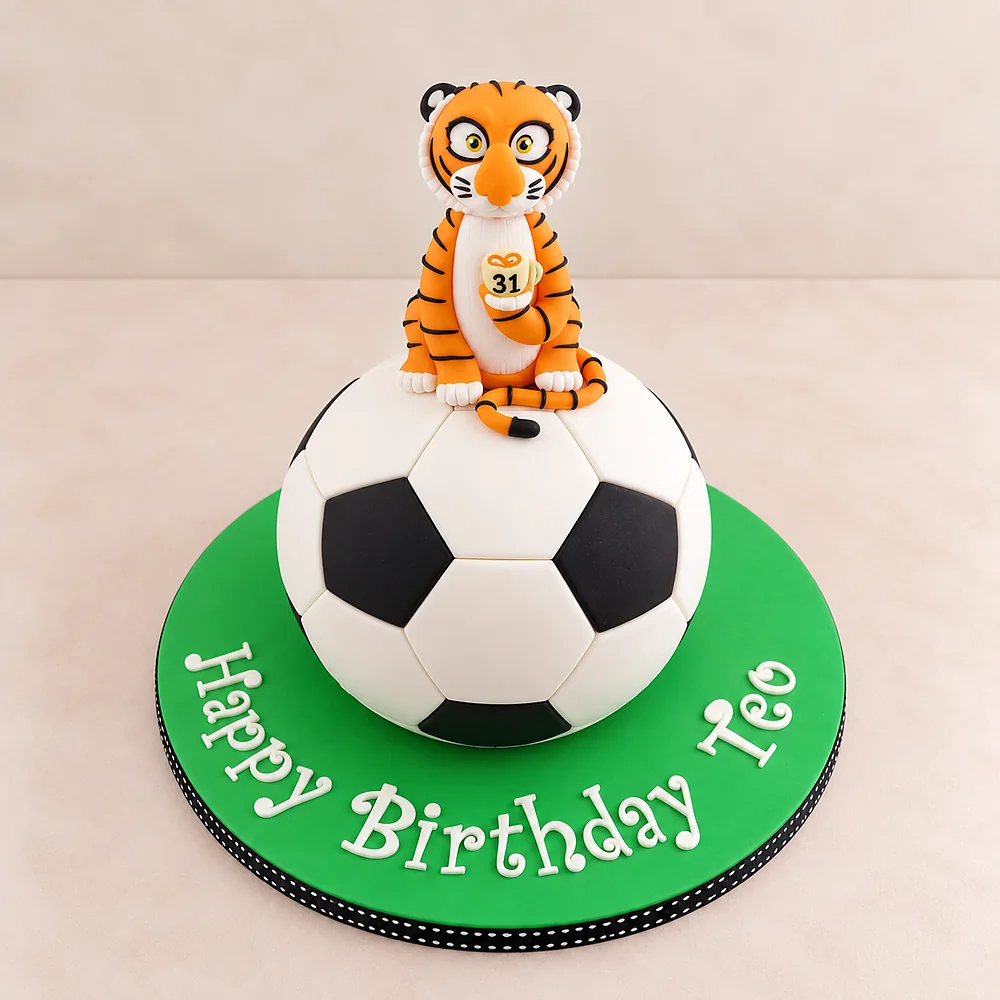 Soccer ball cake with a tiger character on a green board