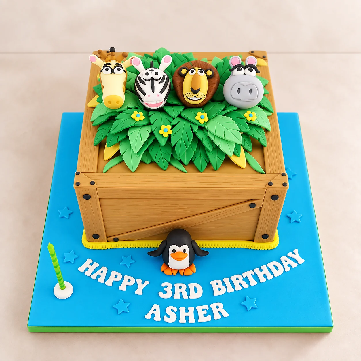 Madagascar animals themed children's birthday cake