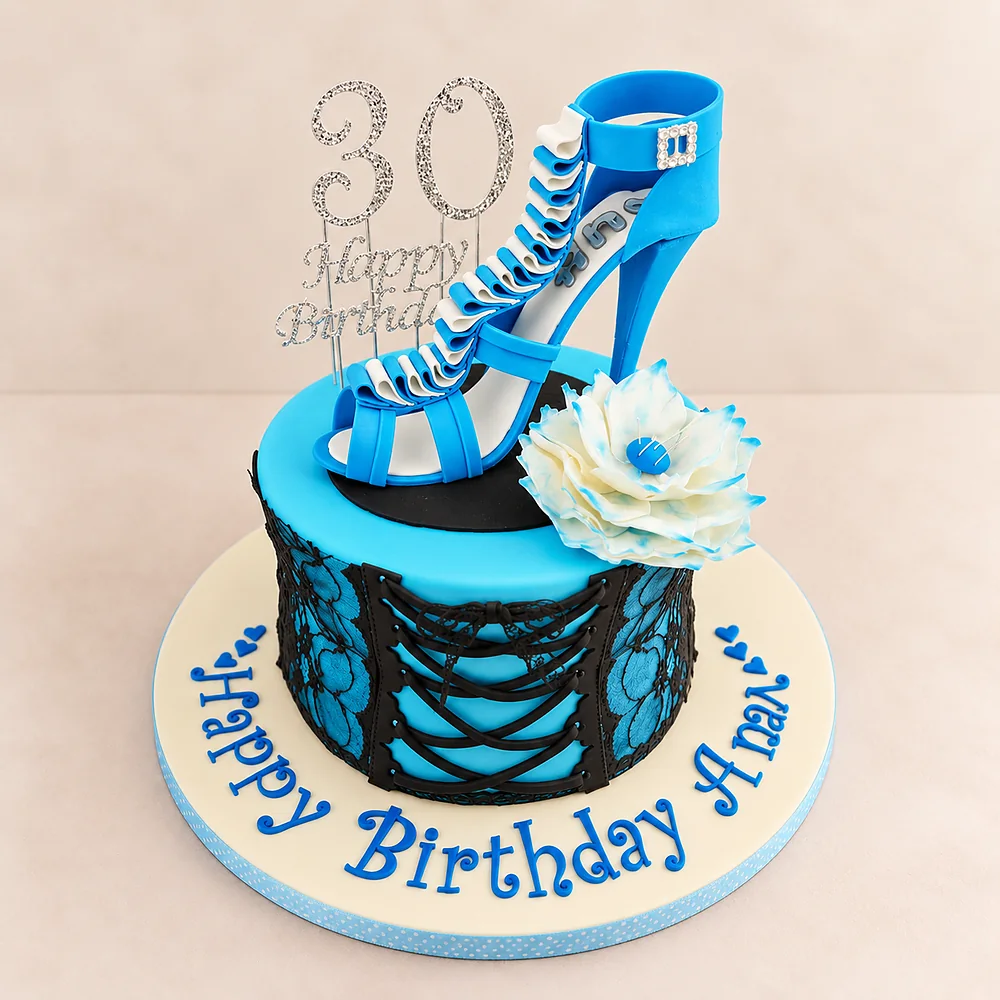 Blue corset and high heel 30th birthday cake
