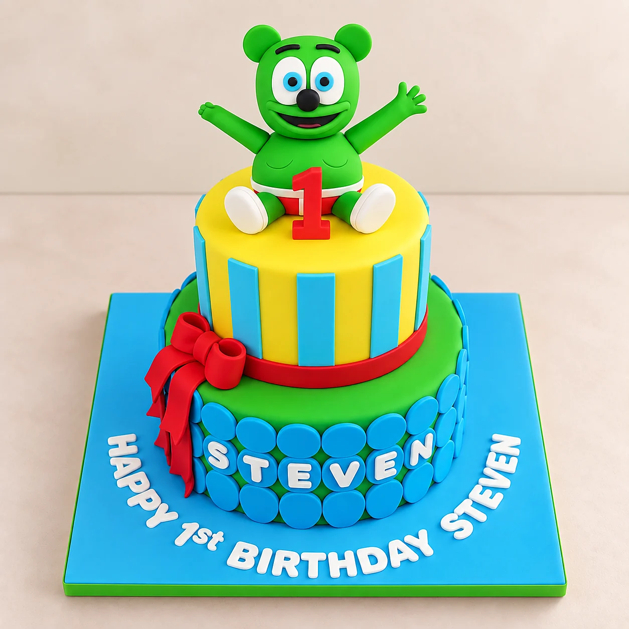 Green gummy bear themed birthday cake