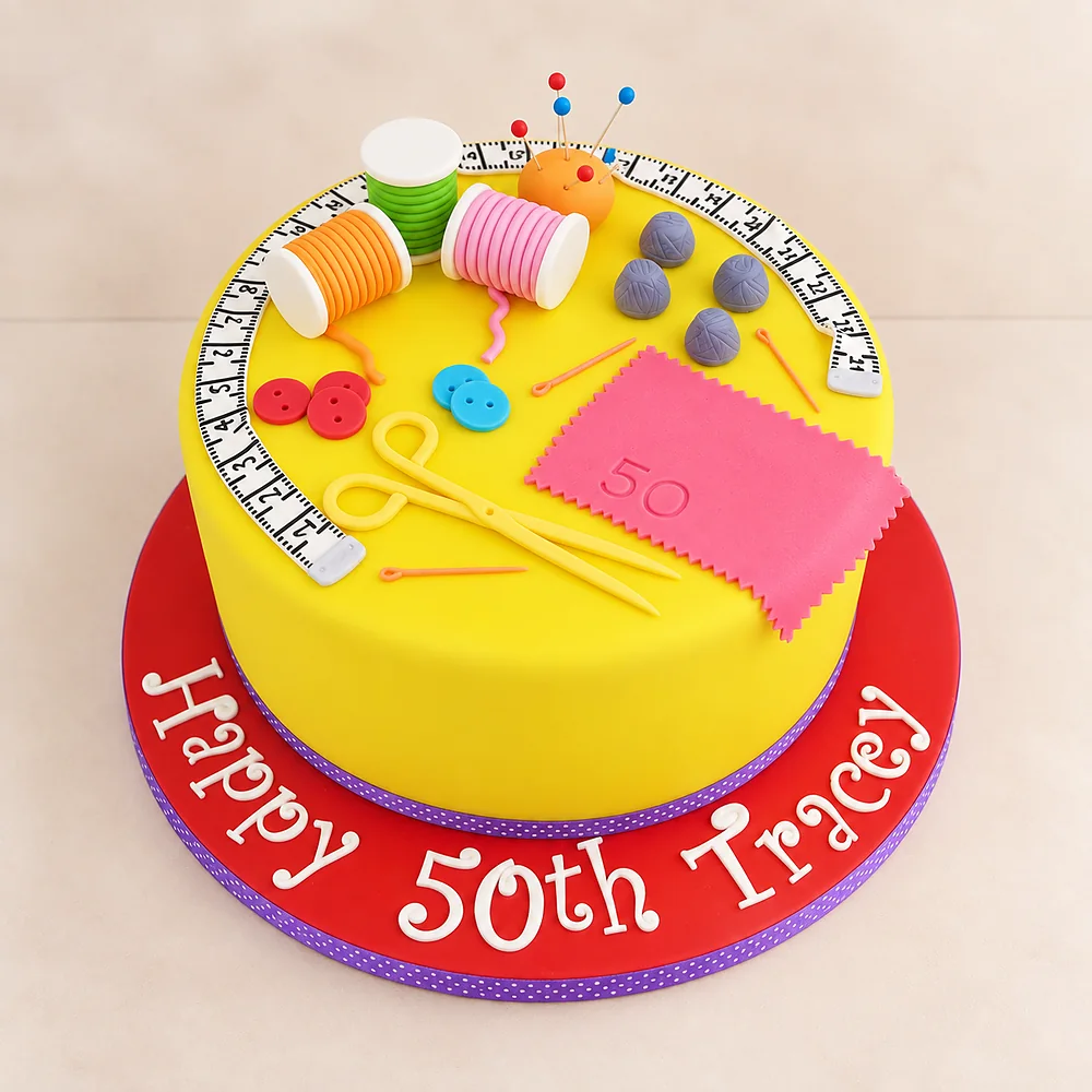 Colourful sewing themed birthday cake