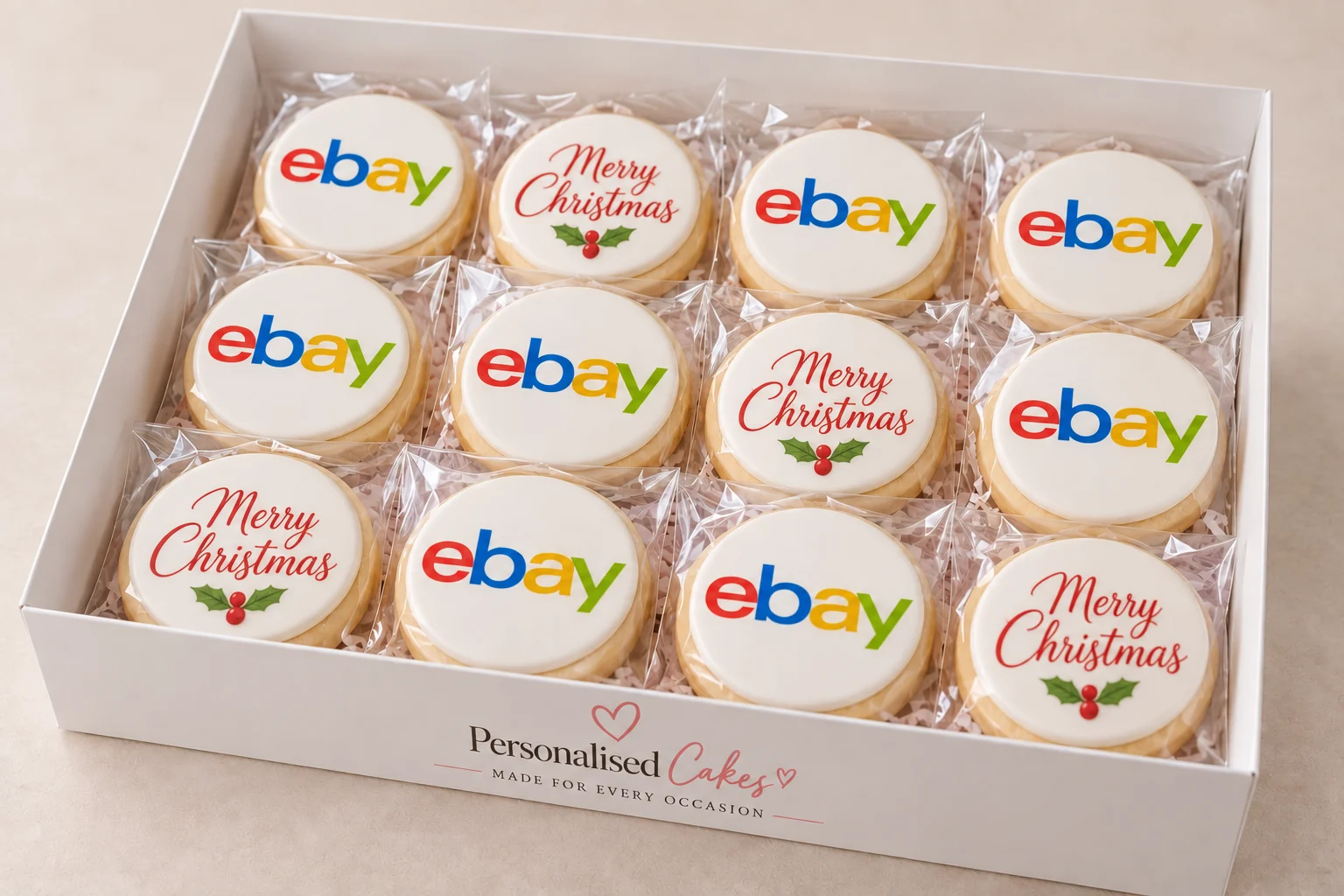 Corporate Christmas logo cookies presented in a Personalised Cakes gift box
