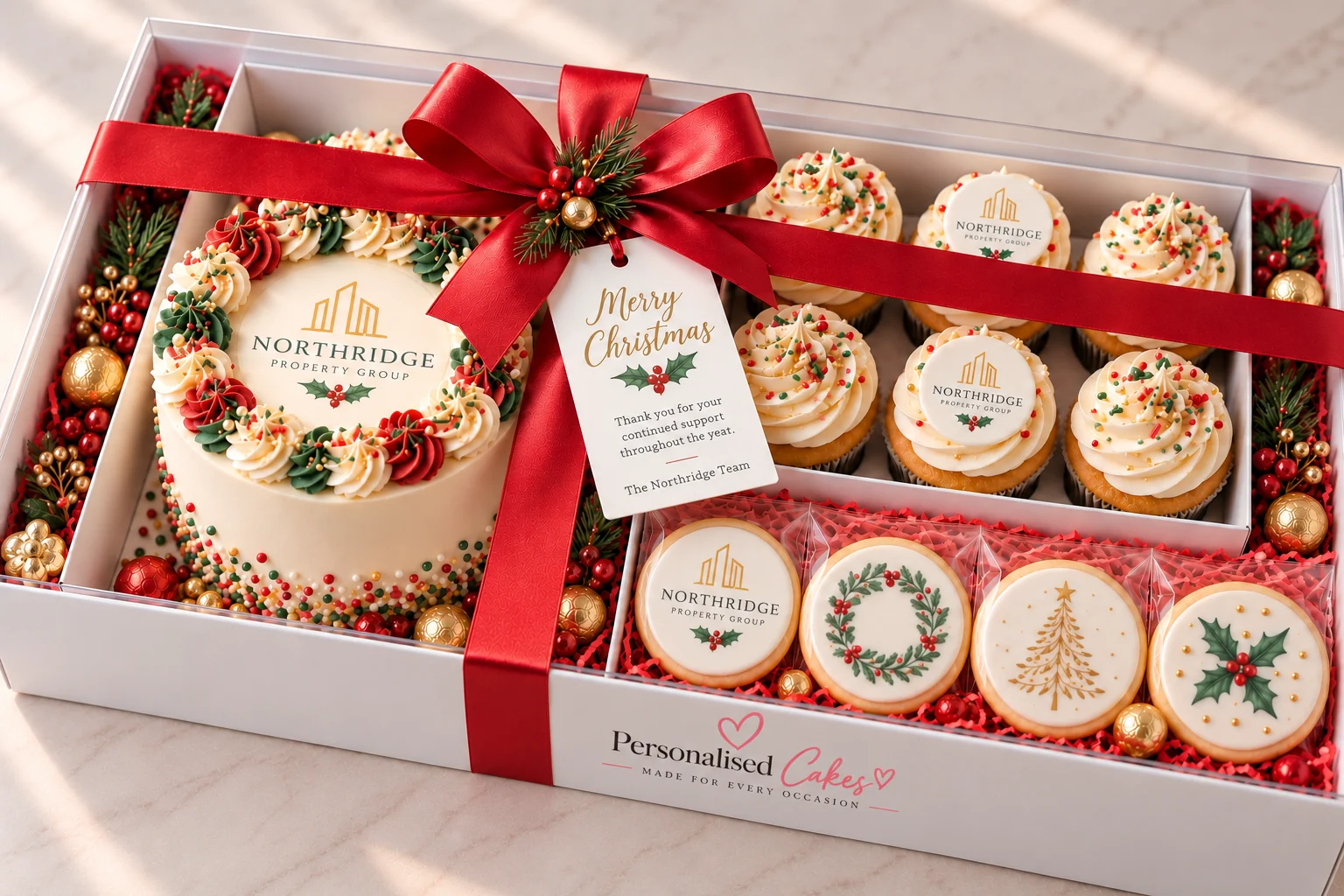 Corporate Christmas gift box with a logo cake, branded cupcakes and decorated cookies tied with a red ribbon