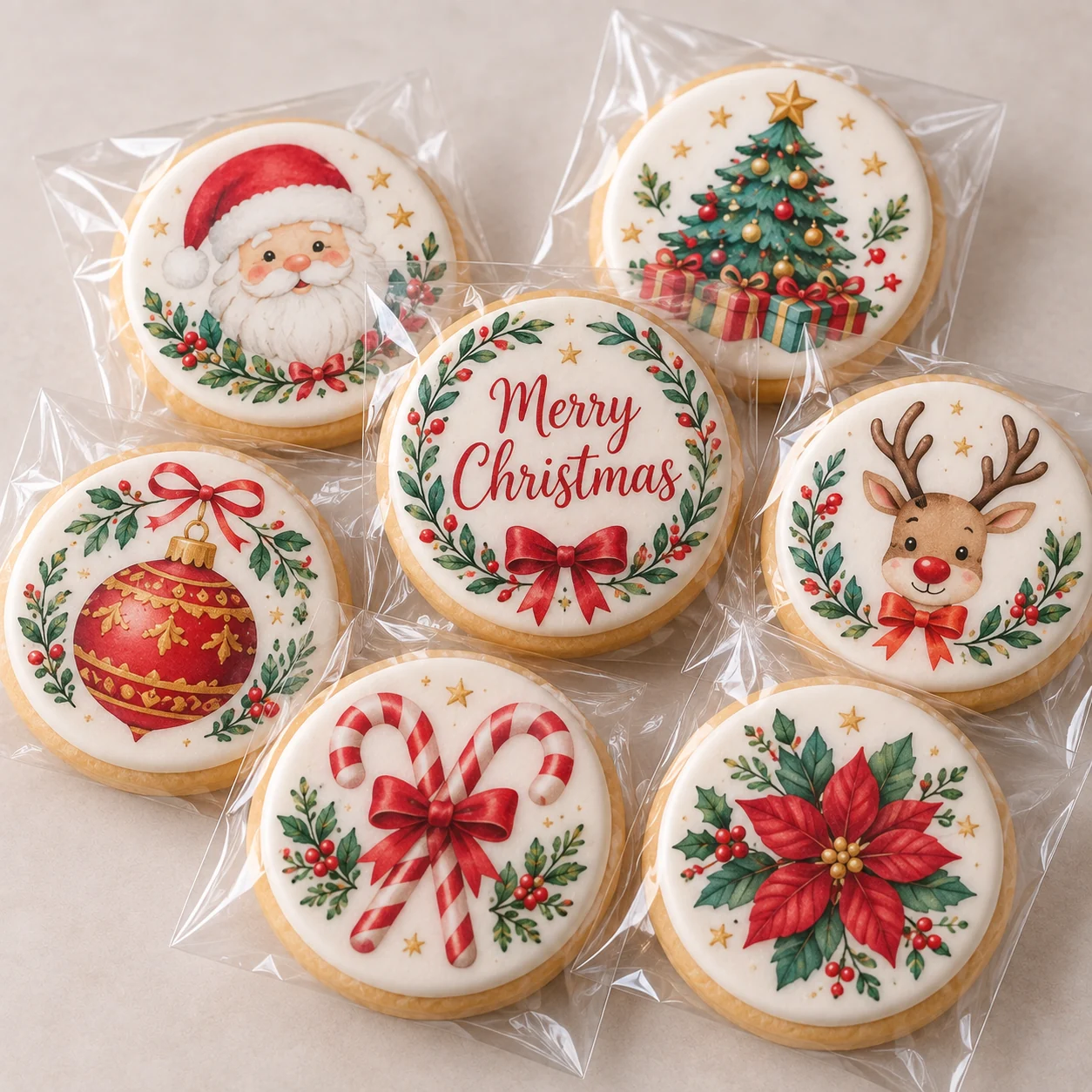Individually wrapped Christmas cookies with detailed festive designs