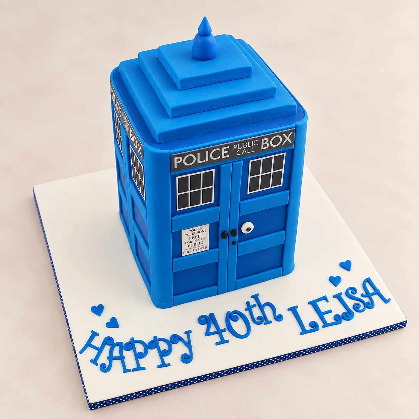 Blue police box themed 40th birthday cake