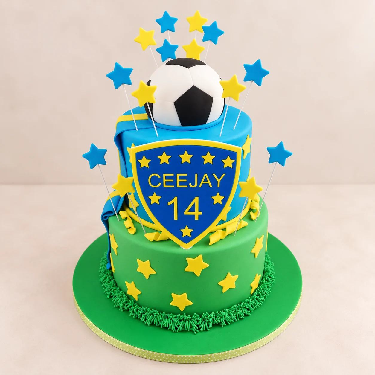 Two-tier soccer themed 14th birthday cake for Ceejay