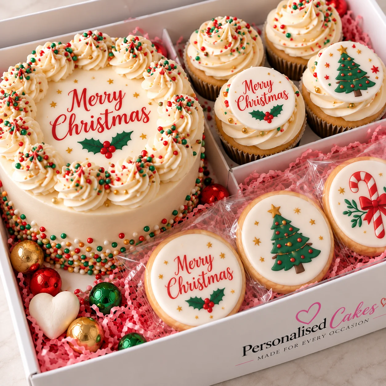 Christmas gift box with a cake, cupcakes and decorated cookies