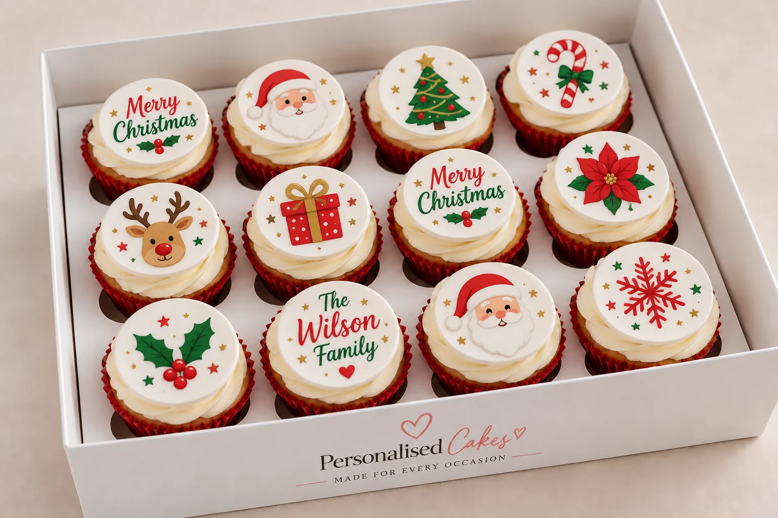 Christmas cupcake collection with personalised festive decorations