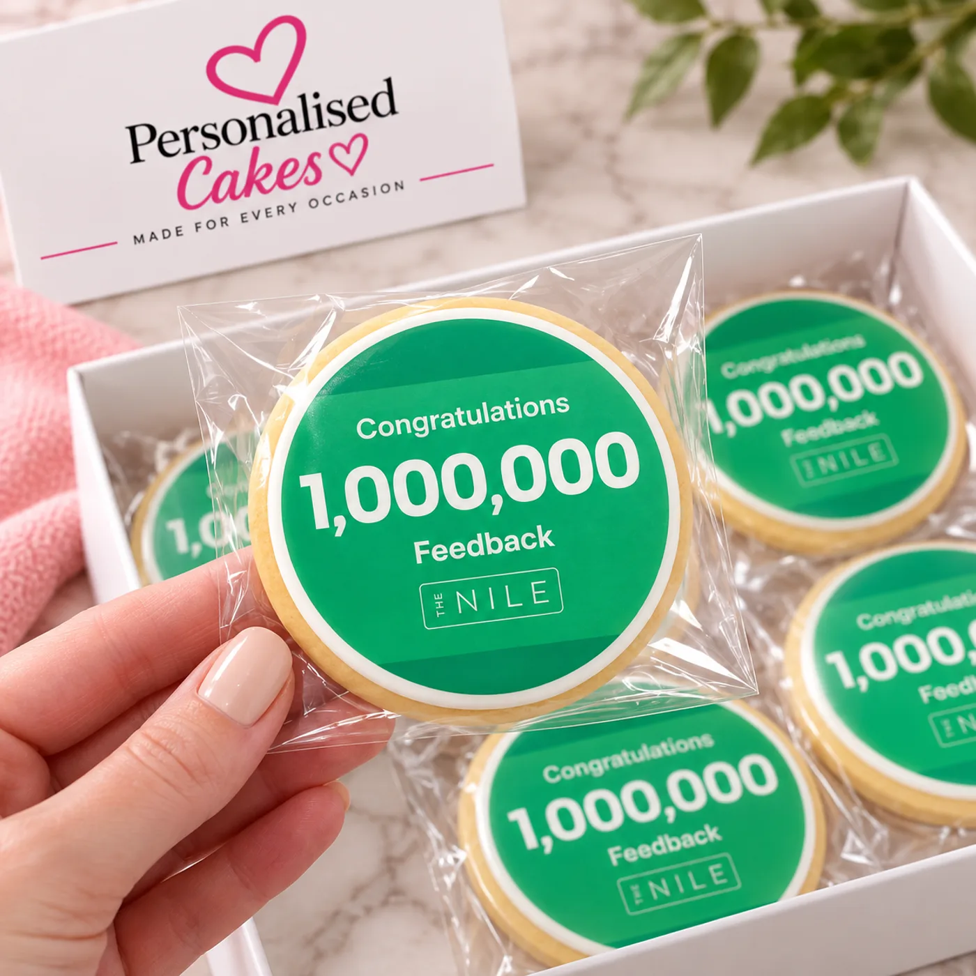 The Nile milestone logo cookies in a presentation box