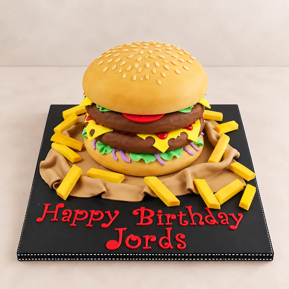 Two-tier hamburger and fries birthday cake