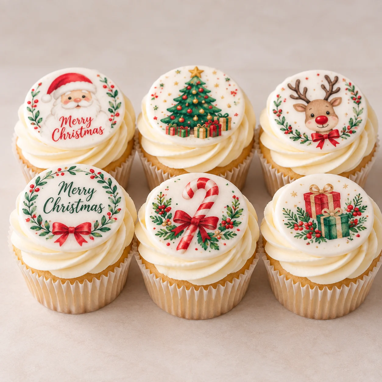 Six Christmas cupcakes decorated with Santa, a tree, reindeer, wreath and presents