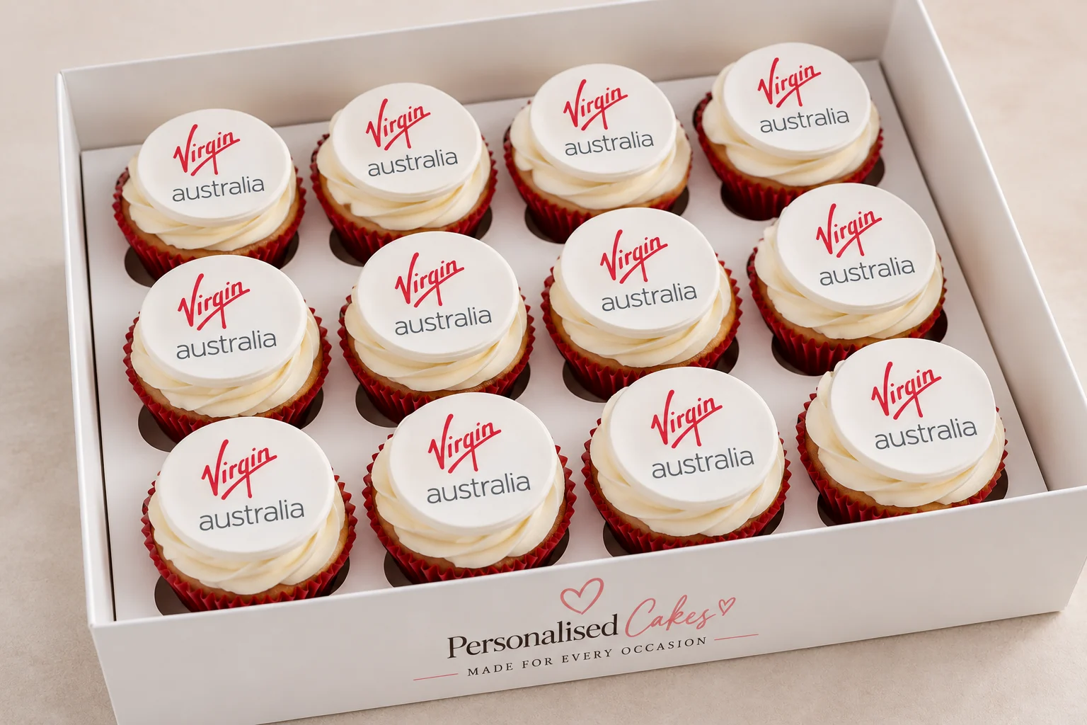 Virgin Australia branded cupcakes presented in a Personalised Cakes box